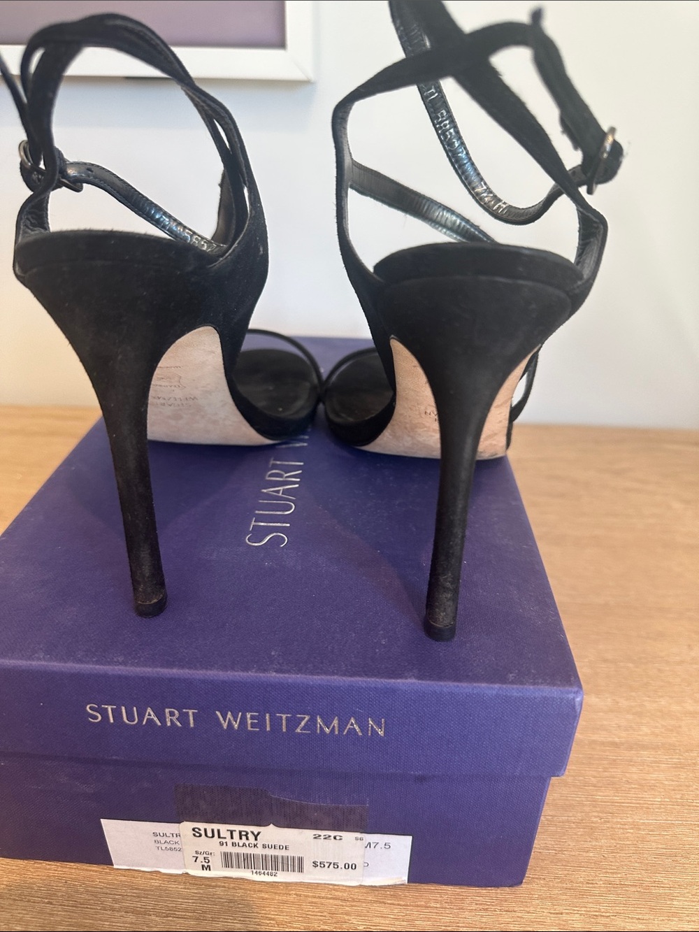 Stuart Weitzman Black Suede Multi-Strap Stiletto Sandals black suede 7.5 size - Picture 4 of 5